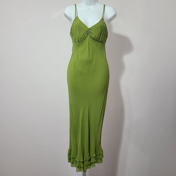 Tibi green Silk beaded dress Ruffle hem size S - Picture 10 of 16